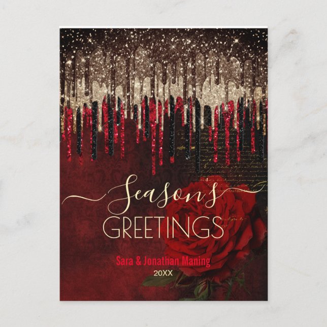 Cartão Postal Natal Ano Novo flor vermelha brilho dourado goteja (Frente)
