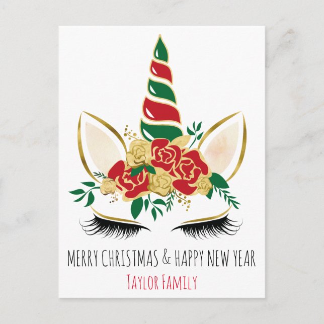 Cartão Postal Natal Ano Novo Unicórnio de inverno (Frente)