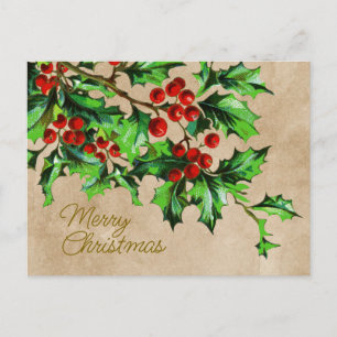 Cartão Postal Natal Antigo Feliz com Frutas de Azevinho e Mensag