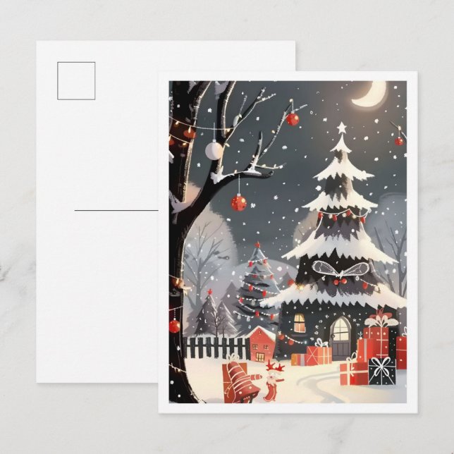 Cartão Postal Natal Antigo Feliz com Neve (Frente/Verso)
