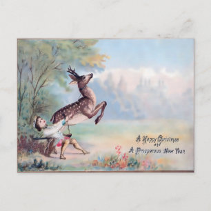 Cartão Postal Natal Antigo: O Fawn Saltitante & Menino