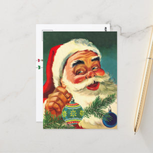 Cartão Postal Natal Antigo, Papai Noel dos Anos 50 Alegre e Retr