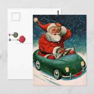 Cartão Postal Natal Antigo, Papai Noel num Carro Fofo
