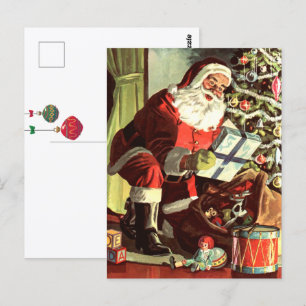Cartão Postal Natal Antigo, Papai Noel Retrô com Presentes
