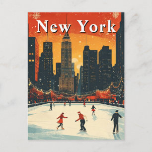Cartão Postal Natal ao Patins no Estilo Retrô em Nova York