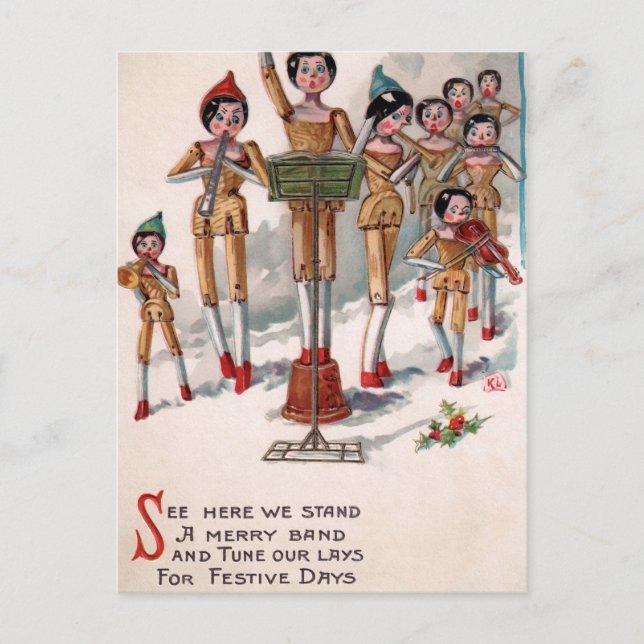 Cartão Postal Natal Banda de Bonecas de Madeira Vitoriana Antiga (Frente)