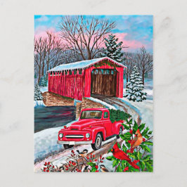 Cartão Postal Natal Caminhão Vermelho Aquarela Rústica