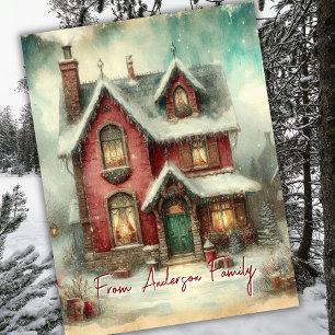 Cartão Postal Natal Casa de Neve de Inverno Vintage Retro Férias