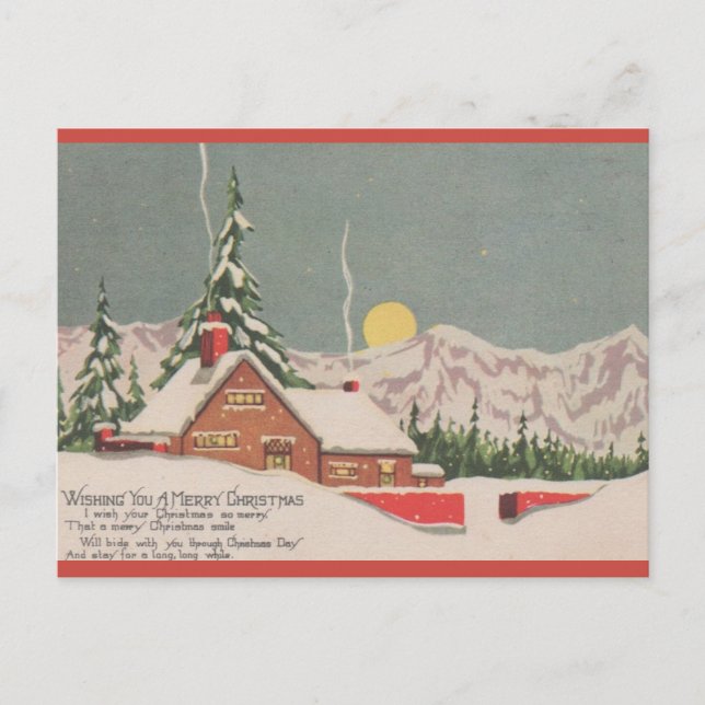 Cartão Postal Natal Casa Vintage Editável e Lua (Frente)