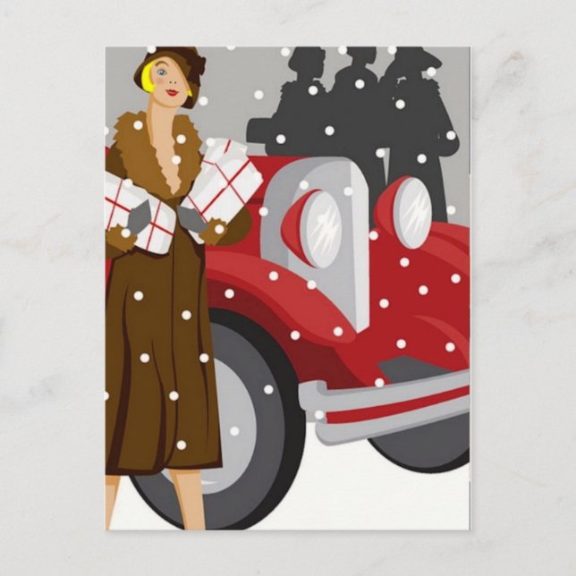 Cartão Postal Natal Comprando na neve (Frente)