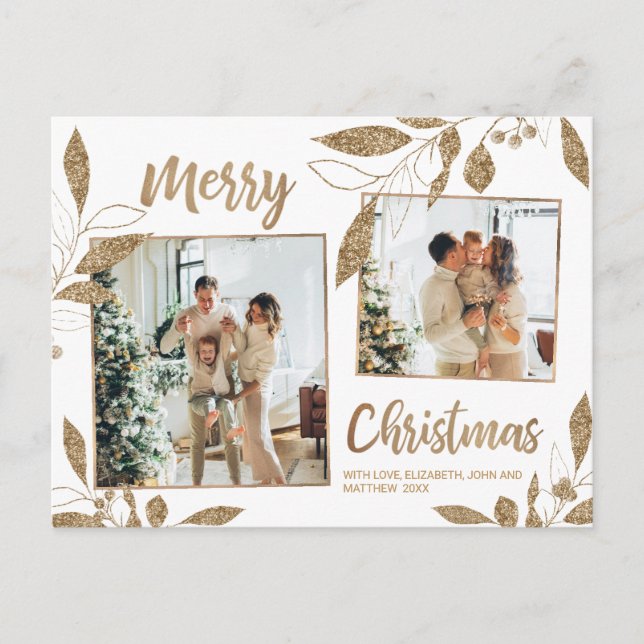 Cartão Postal Natal da Colagem de Fotos 2 Botânica Dourada Elega (Frente)