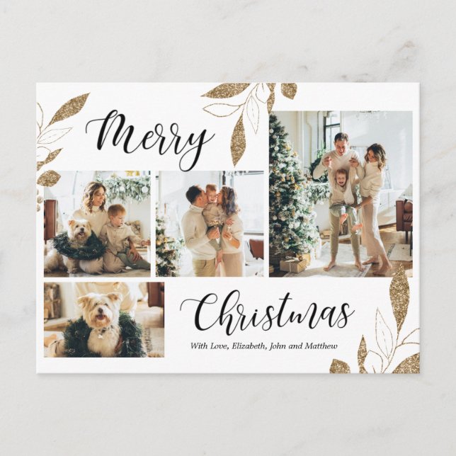 Cartão Postal Natal da Colagem de Fotos 4 Botânica Dourada Elega (Frente)