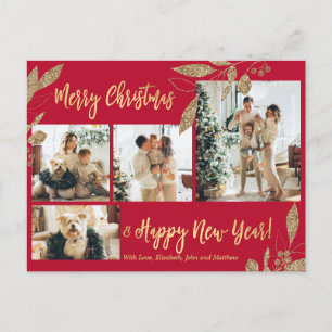 Cartão Postal Natal da Colagem de Fotos Botânica Vermelha Elega