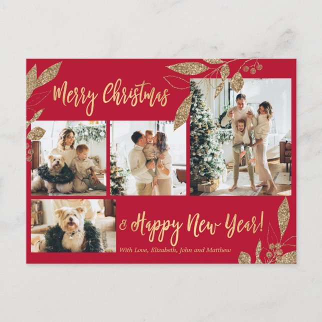 Cartão Postal Natal da Colagem de Fotos Botânica Vermelha Elegan (Frente)