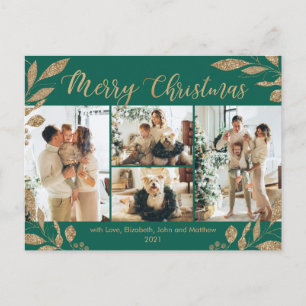 Cartão Postal Natal da Colagem de Fotos do Dourado Verde Moderno