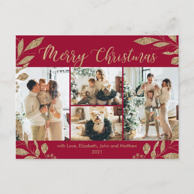 Cartão Postal Natal da Colagem de Fotos do Moderno Bordo Dourado (Frente)