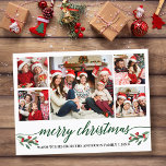 Cartão Postal Natal da família de fotos 5 para a caligrafia verd<br><div class="desc">O Cartão Postal de Natal Merry - Colagem Fotográfica da Família Fotográfica do Script de Caligrafia Moderno 5 - inclui Watercolor Christmas Holly Berries - Script Verde</div>