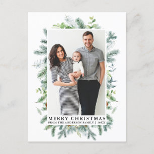 Cartão Postal Natal da família de pinheiro Elegante em Aquarela