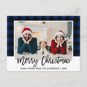 Cartão Postal Natal da Família de Xadrezes Azul com Script de P