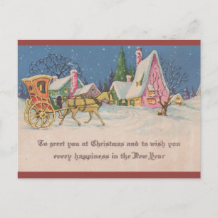 Cartão Postal Natal de Cavalo e Carruagem Vintage Editável 