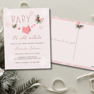Cartão Postal Natal de Chuvinha de Bebê Rosa Está Frio Lá Fora