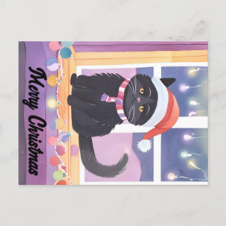 Cartão Postal Natal de Gato Negro feliz