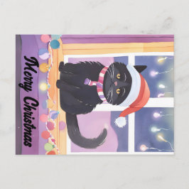 Cartão Postal Natal de Gato Negro feliz