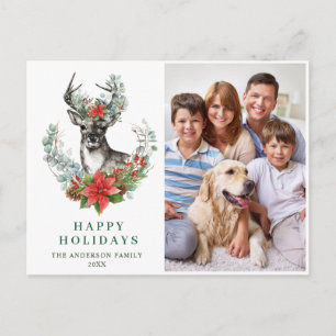 Cartão Postal Natal Deer Poinsettia Saudação FOTO Feriada