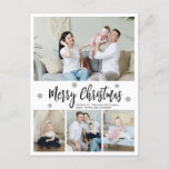 Cartão Postal Natal do Elegant 4 Photo Collage Snowflake<br><div class="desc">Cartão-postal de Natal Feliz, Moderno e Minimalista Preto e Branco 4 Colagem de Fotos Branca. Esta modelo de quatro (4) fotos festivas apresenta uma bonito colagem fotográfica, um floco de neve e diz Feliz Natal! O texto de saudação de "Feliz Natal" é escrito em um belo tipo de letra de...</div>