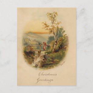 Cartão Postal Natal em Aquarela Vintage   Árvore de Bétula e Pon