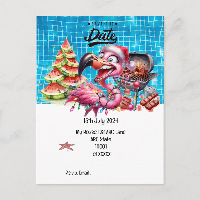 Cartão Postal Natal em julho Flamingo Salve a Festa da Data (Frente)