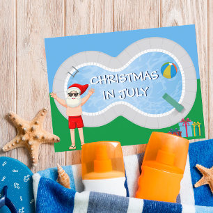 Cartão Postal Natal em Julho Papai Noel Festa de Piscina de Verã