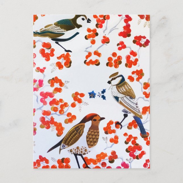 Cartão Postal Natal em Ouro Inverno Pássaros Azevinho Frutas Gal (Frente)