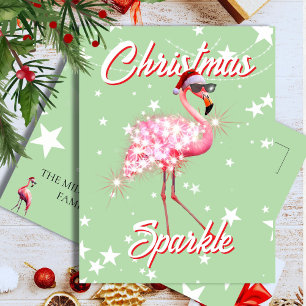 Cartão Postal Natal engraçado de flamingo tropical com chapéu de