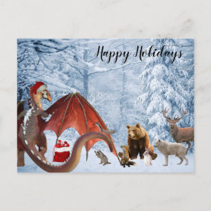 Cartão Postal Natal Férias Papai Noel Dragão Floresta de Madeira