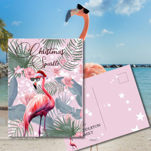 Cartão Postal Natal Flamingo Tropical Lights Saudação