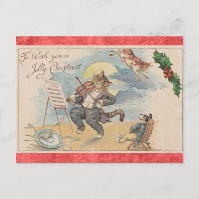 Cartão Postal Natal Fofo Vintage Gato Vitoriano Animais (Frente)