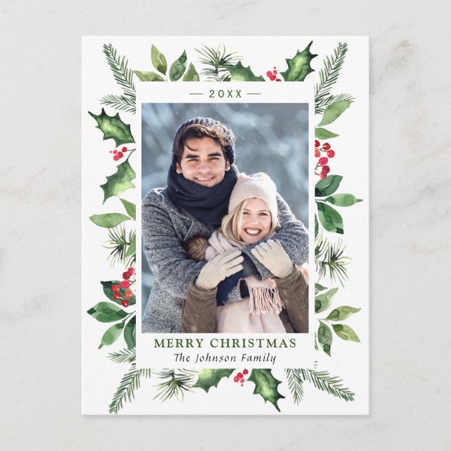 Cartão Postal Natal Foto Árvore de Natal com Frutas Vermelhas em (Frente)