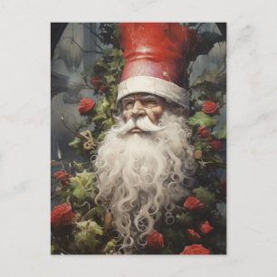 Cartão Postal Natal Gnome em um Rosa Bush