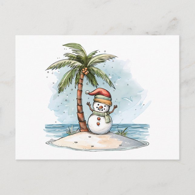 Cartão Postal Natal - Homem de Neve com Chapéu de Natal tropical (Frente)