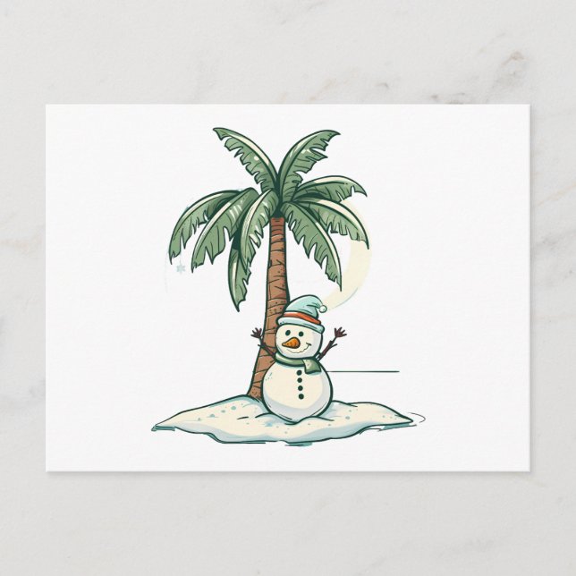 Cartão Postal Natal - Homem de Neve na Praia com Palm Tree (Frente)