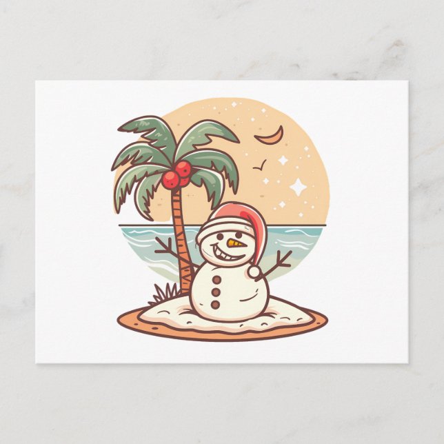 Cartão Postal Natal - Homem de Neve Tropical de Praia com Palma  (Frente)