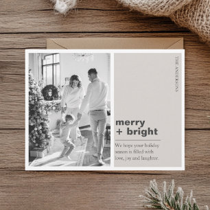 Cartão Postal Natal Merry + Bright Champagne Bege Minimalista 