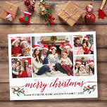 Cartão Postal Natal para a família de fotos 5 da Calligrafia Ver<br><div class="desc">O Cartão Postal de Natal Merry para a Colagem Fotográfica da Família Fotográfica do Script de Caligrafia Moderno 5 inclui Watercolor Christmas Holly Berries - Script Vermelho</div>