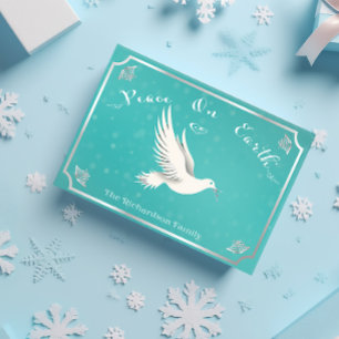 Cartão Postal Natal "Paz na Terra" do Elegante Azul e Prata