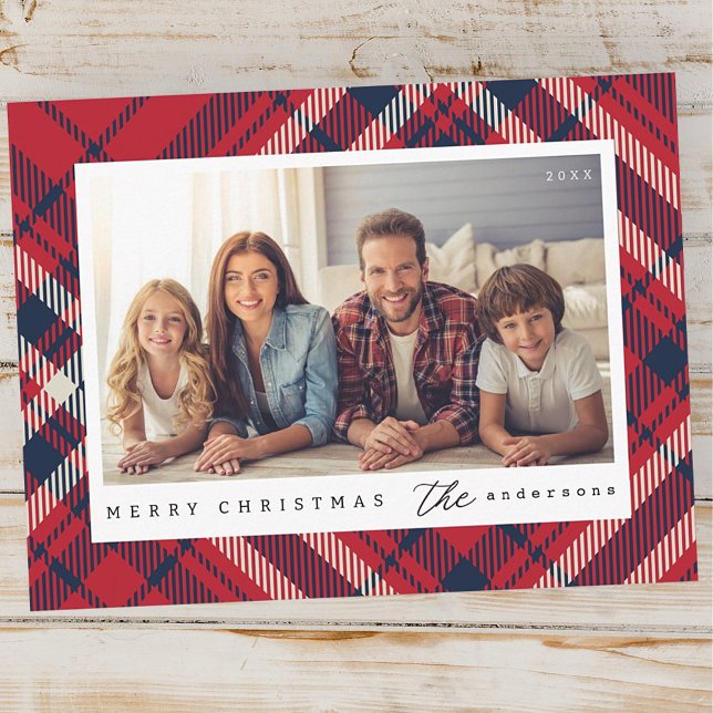 Cartão Postal Natal Plaid Moderno Foto Personalizada da Família (Criador carregado)