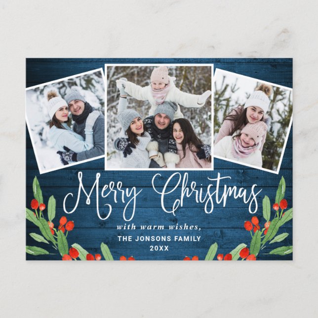 Cartão Postal Natal Rustic Wood 3 FOTO Saudação Feriado (Frente)
