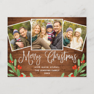 Cartão Postal Natal Rustic Wood 3 FOTO Saudação Feriado