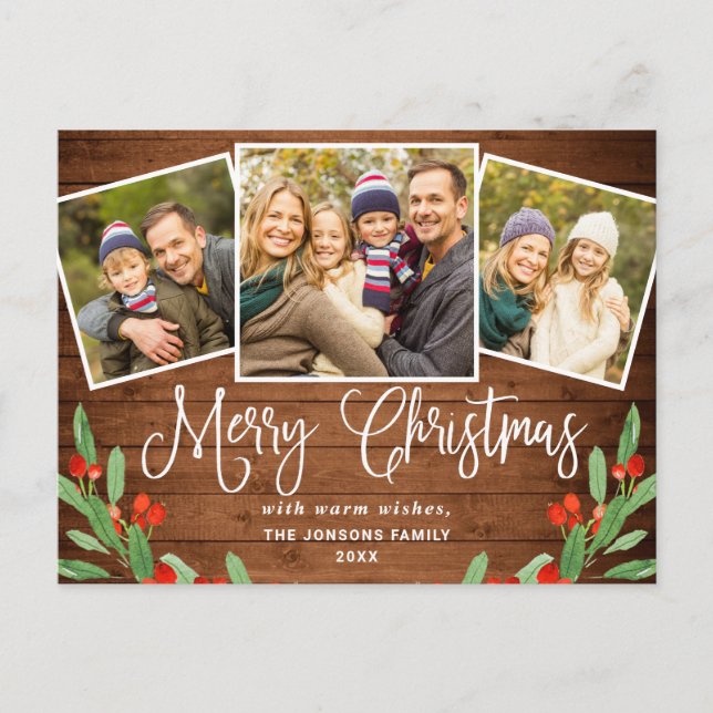 Cartão Postal Natal Rustic Wood 3 FOTO Saudação Feriado (Frente)