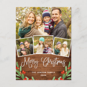 Cartão Postal Natal Rustic Wood 4 PHOTO Saudação Feriado